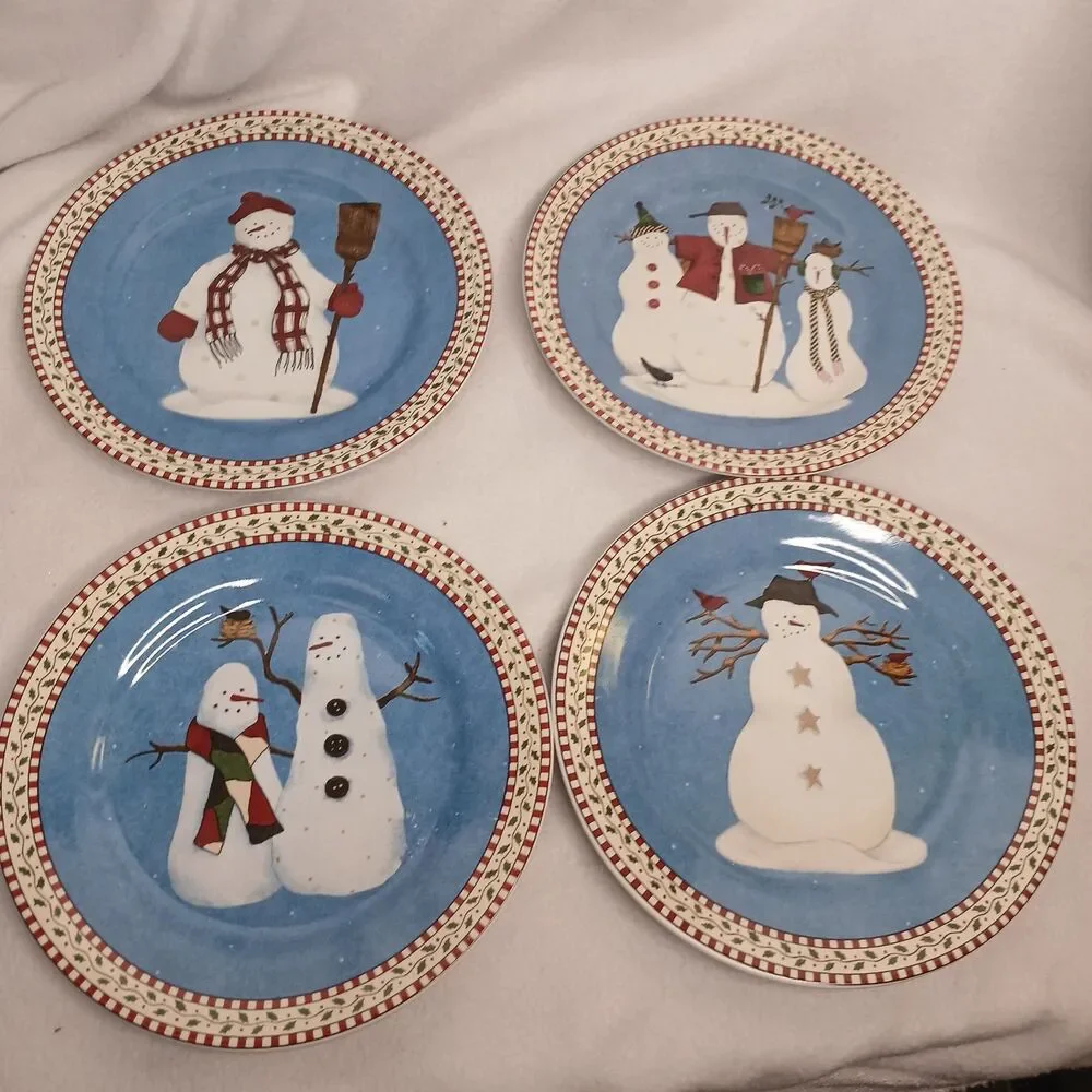 4 Salad Plates Sakura Debbie Mumm 4 Designs Snowman Vintage Stoneware 1997